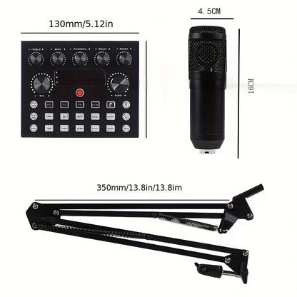 All-in-One Streaming Audio Kit with BM800 Microphone, V8S Mixer, and Multiple Accessories - Durable Metal Body, USB/Power Supply, Noise Cancellation, One-Click Sound Effects, Dual Device Connection, Ideal for Podcasting, YouT