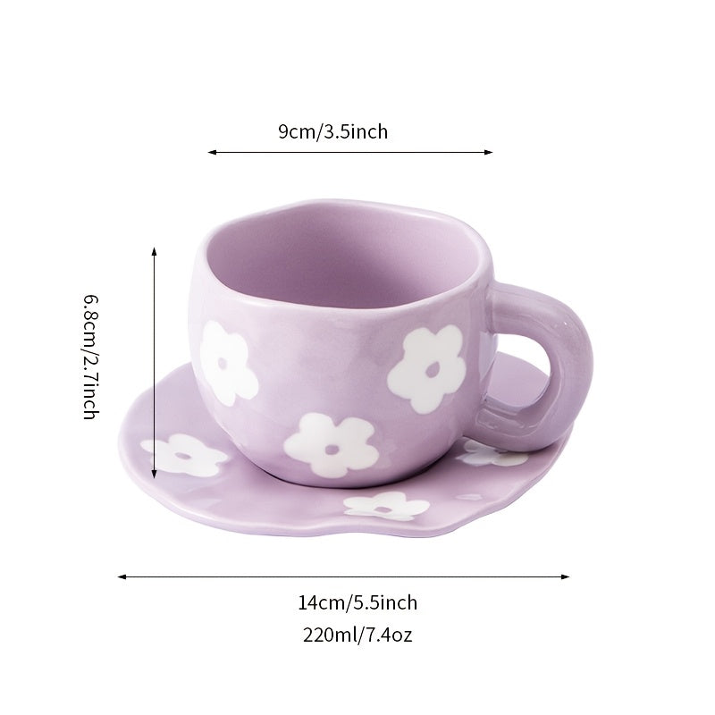 1set YumiPLUS Handmade Floral Ceramic Mug and Saucer Set, Purple Irregular Flower Design, 220ml/7.4oz, Reusable, Insulated, Machine Washable, Multipurpose Coffee Cup for Tea, Milk, Gift for Her