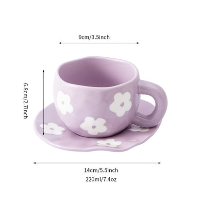 1set YumiPLUS Handmade Floral Ceramic Mug and Saucer Set, Purple Irregular Flower Design, 220ml/7.4oz, Reusable, Insulated, Machine Washable, Multipurpose Coffee Cup for Tea, Milk, Gift for Her
