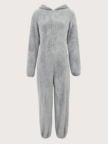 Macacão com capuz e fecho, forro turco, modelo casual de manga comprida e quente para o outono e inverno. Roupa feminina.