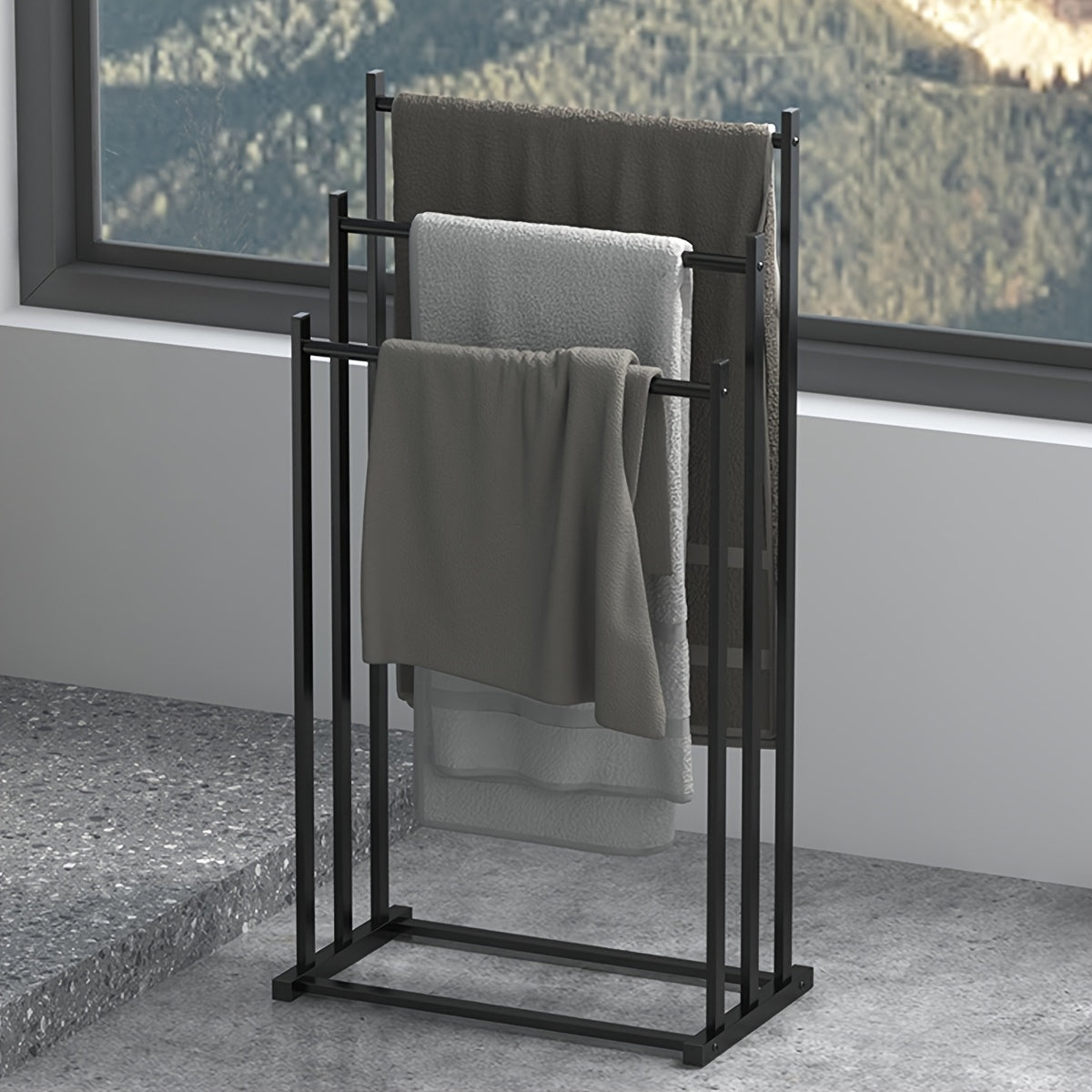 1pc Modern Three-Tier Freestanding Towel Rack - Heavy-Duty Floor-Standing Bathroom & Pool Drying Rack, Space-Saving Multifunctional Organizer for Indoor/Outdoor Use, No Installation Needed