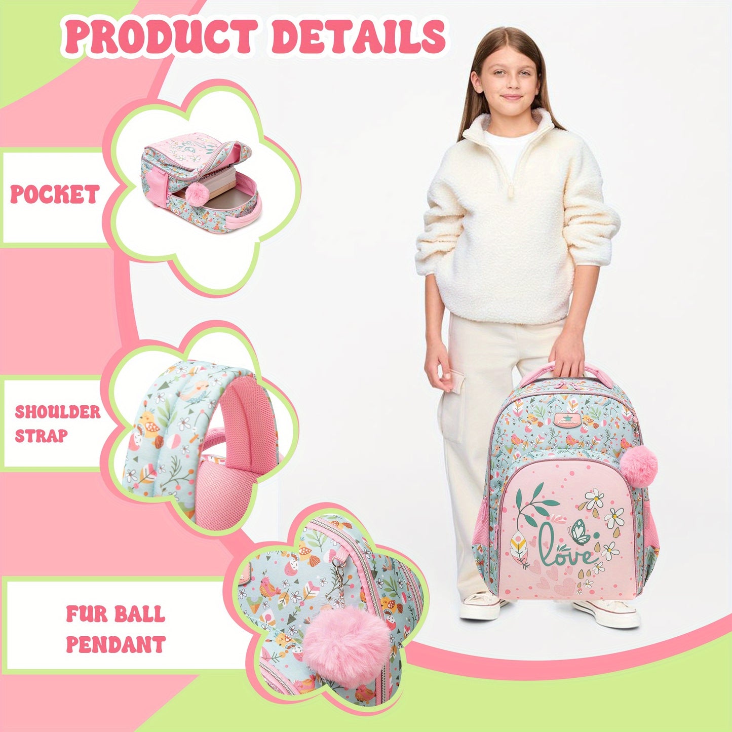 Adorable Girls Backpack 3pcs Set with Lunch Bag and Pencil Case Kids Carry On Backpack School Essentials Playdate Adventures Back to School Gift