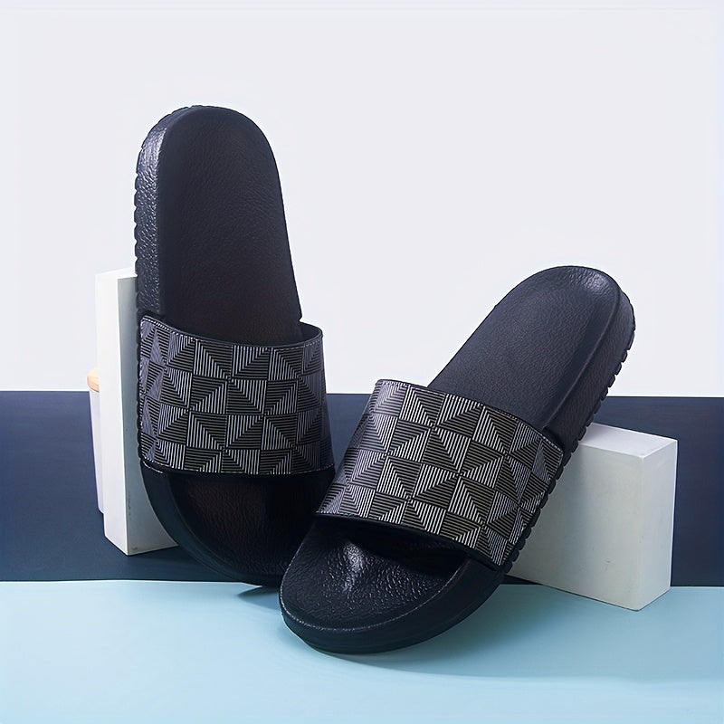 Sandálias de verão tipo slide para homem - Chinelos casuais antiderrapantes com sola macia e estampado geométrico, preto e cinzento, confortáveis ​​para uso interior e exterior.