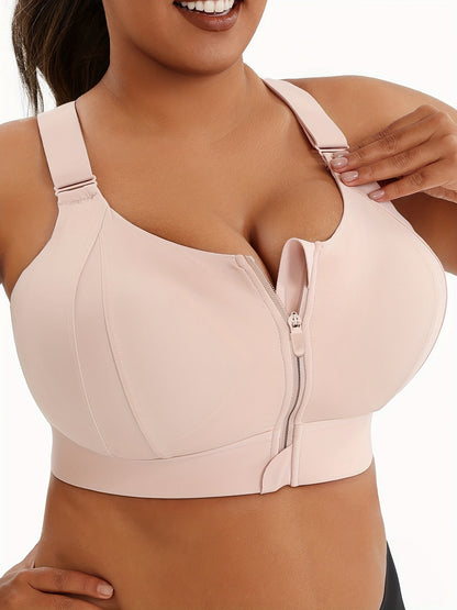 Women'S Plus Size High-Elasticity Sports Bra with Zipper - Blue, Non-Removable Padding, Adjustable Shoulder Straps, Ideal for Yoga & Pilates, Plus Size Yoga Apparel|Sleek Bralette|Comfortable Fit, Plus Size Yoga Apparel