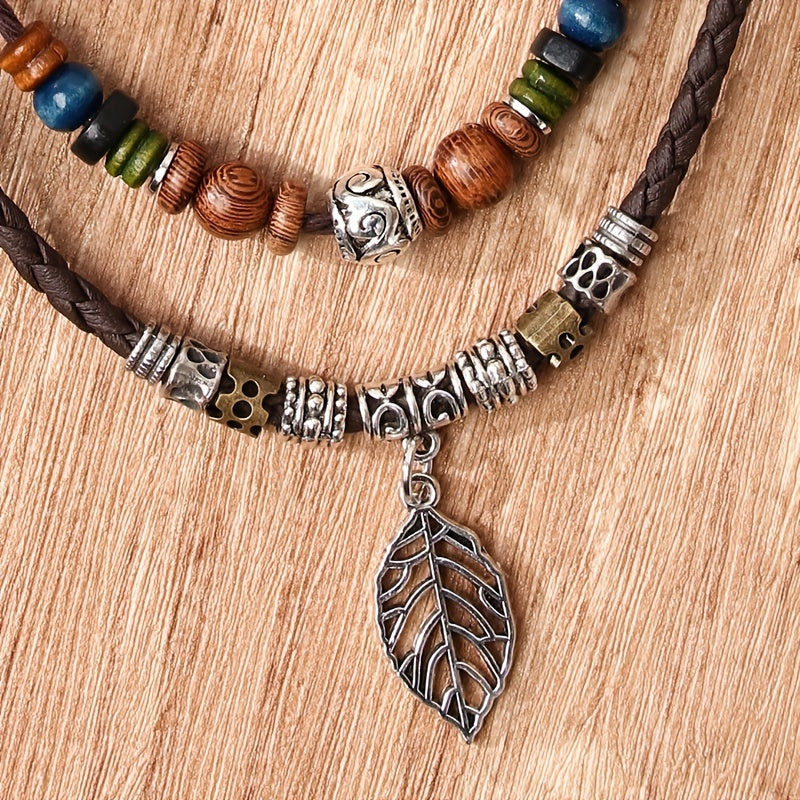 Women's PU Leaf Wooden Bead Necklace Party Ornament Jewelry Gift