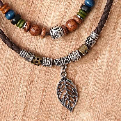 Women's PU Leaf Wooden Bead Necklace Party Ornament Jewelry Gift