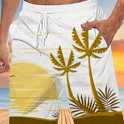 Quick Drying Comfortable Breathable Gradient Palm Tree At Dawn Seaside Drawstring Swim Trunks, Men's Board Shorts Swimwear For Summer Vacation Resort Beach Pool