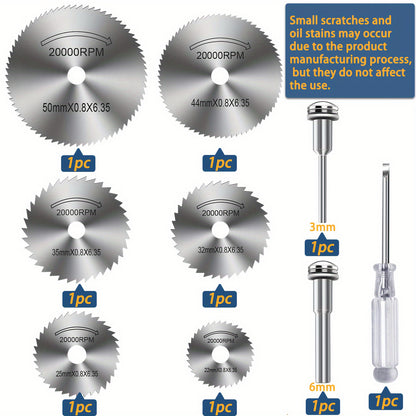 1set 9pcs Cutting Wheel Set For Drills Rotary Tools, Drill Saw Blades For Rotary Tools 6pcs HSS Saw Disc Wheel Cutting Blades With 1pc 1/8" Round Shank, 1pc 1/4" Round Shank, One Screwdriver For Wood Plastic Aluminum Cutting