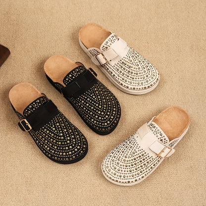 2025 Summer New Rhinestone Vacation Style Casual Slip-On Thick Sole Beach Mules
