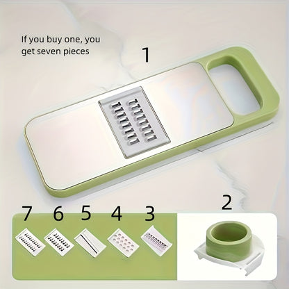 Conjunto de 7 peças de fatiador e ralador multifuncional em aço inoxidável com lâminas intercambiáveis, kit de utensílios de cozinha manual para batata, cenoura e pepino, disponível para todas as estações.