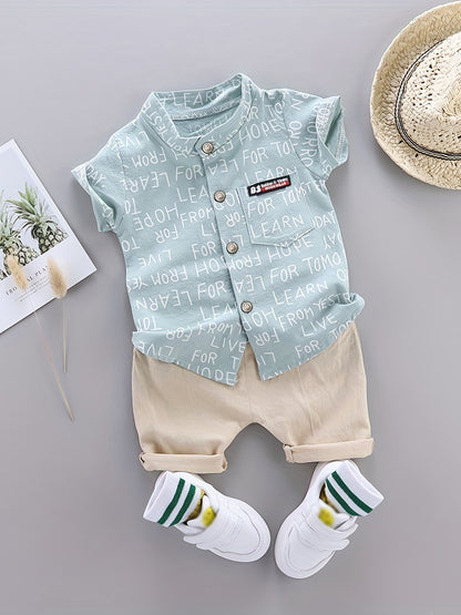 2pcs Baby Boys Dinosaur Print Button Short Sleeve Shirt Top & Elastic Waist Shorts Set Toddler Summer Clothes For Daily & Outdoor Wear
