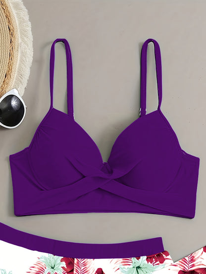 Floral Leaf Print Stretchy 3 Piece Set Swimsuits, Cross Spaghetti Strap Push Up Bikini & Boxer Shorts, Women's Swimwear & Clothing