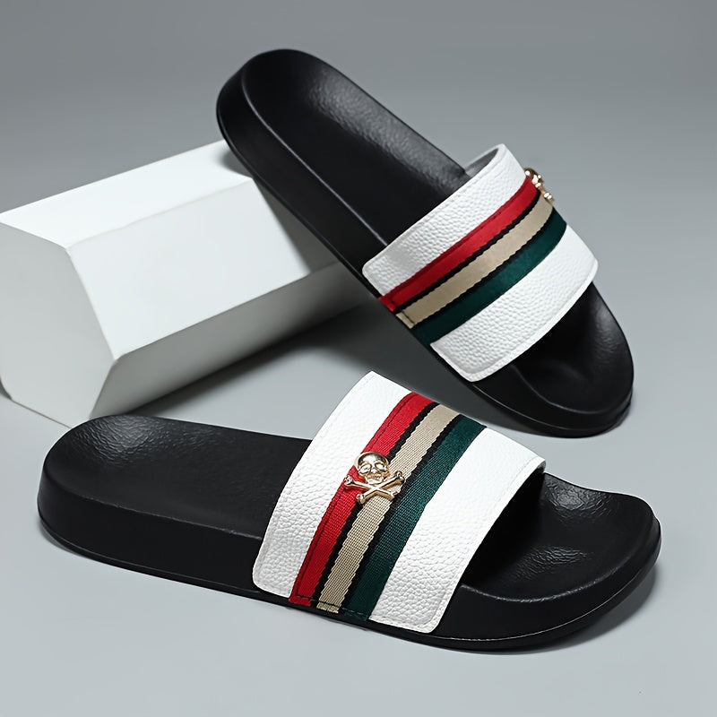 EKBN Men's Slip-Resistant Arch Support Mules - All-Season EVA Slip-On Slippers with Golden Buckle Strap & Black/Red/Green Striped Design, Cushioned Insole for Indoor/Outdoor House Shoes, Casual & Formal Wear - Comfortable & D