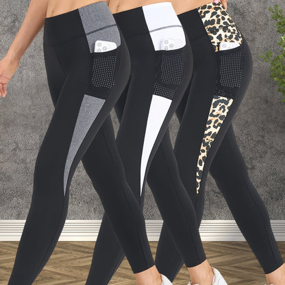 3-Pack Women's Yoga Pants Non-See-Through High-Waisted Workout Leggings - Sweat Absorbent Quick-Dry Yoga Pants with Side Pocket, Stretchy Gym Running Pilates Pants for Women (Black/Gray/Pink Accents - Affordable 3-Pack Deal),