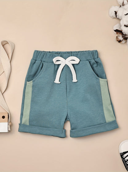 2pcs Baby Boys Summer Outfit Set - Cotton & Polyester Crew Neck T-Shirt with Stripes & Patch Detail, Short Sleeve, Drop Shoulder, Knit Fabric, with Matching Shorts with Belt & Fake Drawstring - Regular Fit, for Outdoor