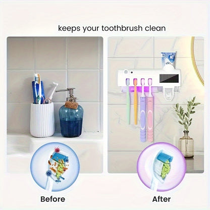 Wireless UV Toothbrush Holder with Automatic Toothpaste Dispenser – Wall-Mounted, USB Rechargeable, No-Drill Installation, Personal Care Kit