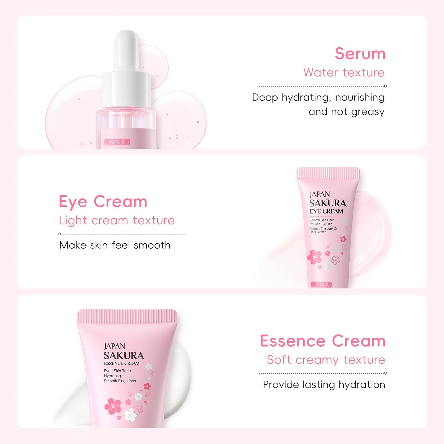 3pcs Set LAIKOU Japanese Cherry Blossom Skin Care Set 3 Piece Serum Liquid Eye Cream Face Cream Skin Care Kit Gifts