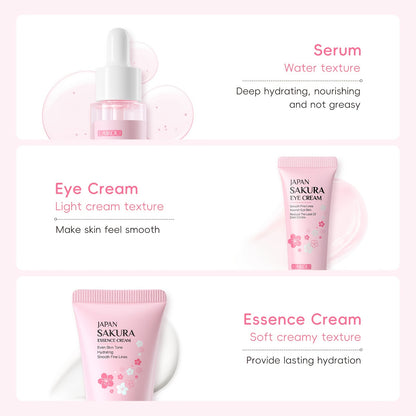 3pcs Set LAIKOU Japanese Cherry Blossom Skin Care Set 3 Piece Serum Liquid Eye Cream Face Cream Skin Care Kit Gifts
