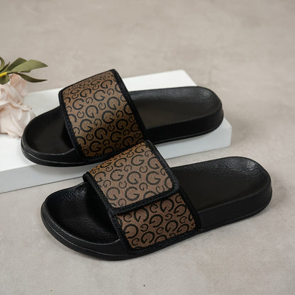 Women's White/Golden Greek Key & Letter Print Slip-On Mules - PU Cover Upper, Cushioned Insole & Arch - All-Season Casual Sandals for Beach, Weddings & Casual Attire, Comfortable Sleepers For Womens, Woman Slippers For Women,