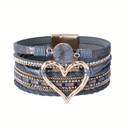 Bohemian Multi-layer Leather Bracelet Hand-woven Bracelet Golden Big Heart Ladies Fashion Bracelet