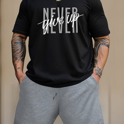 Men's Fashion NEVER GIVE UP Letter Print Loungewear Set, Short Sleeve Crew Neck Graphic T-shirt & Drawstring Shorts With Pockets, Casual Pajama Set, Men's 2piece Outfits
