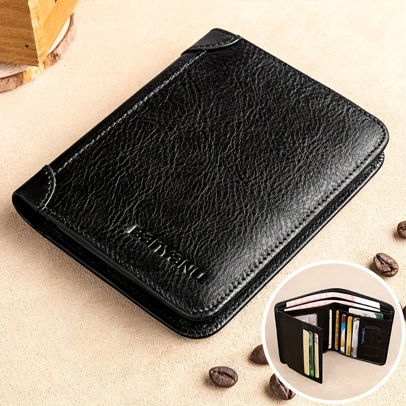 BANYANU Men'S Genuine Leather Short Wallet - Brown, Casual Style, Three-Fold Design, Multiple Card Slots, Anti-Theft Protection, Durable & Stylish for Everyday Use, Secure Card Holder | Casual Wallet | Genuine Leather Wallet
