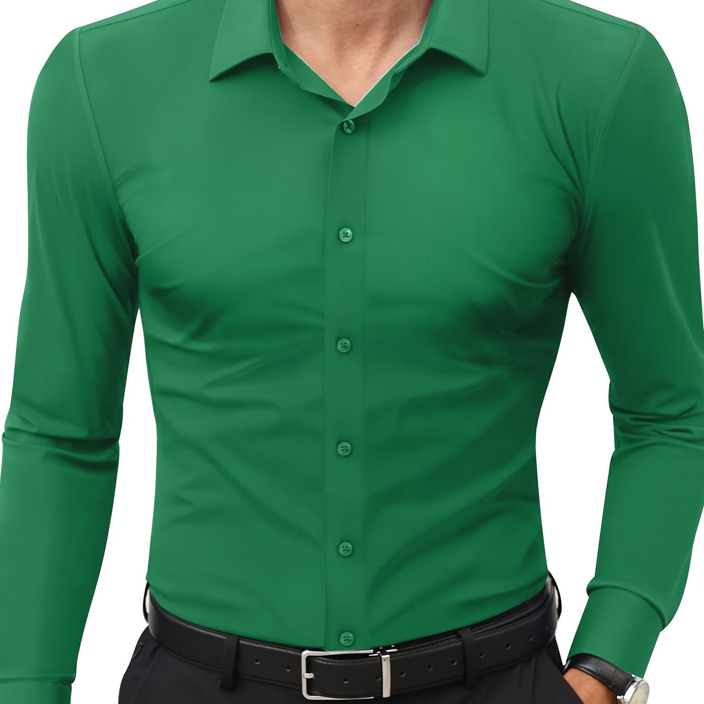 Men'S Slim Fit Long Sleeve Shirt - 55% Cotton, 40% Polyester, 5% Spandex, Solid Color, All-Season, Woven Fabric, Button-Up, Lapel Collar, Casual Weekend Wear, 125g/m²