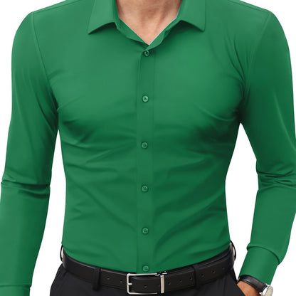 Men'S Slim Fit Long Sleeve Shirt - 55% Cotton, 40% Polyester, 5% Spandex, Solid Color, All-Season, Woven Fabric, Button-Up, Lapel Collar, Casual Weekend Wear, 125g/m²