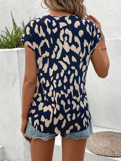 Leopard Print V-neck Blouse, Elegant Batwing Short Sleeve Blouse For Summer & Spring, Women's Clothing