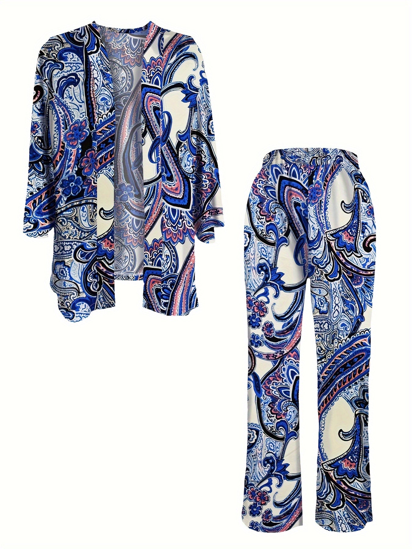 Conjunto Boho Paisley com Calça, Blusa de Manga Comprida com Botões Frontais e Calças Retas - Roupa Mulher
