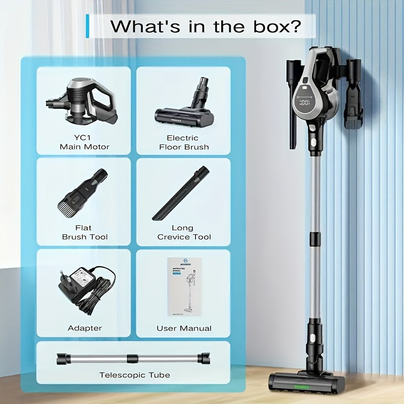 MOOSOO YC1 Pro Cordless Vacuum with LED Display, 2 Batteries, 6In 1 Lightweight Stick Design, High Suction for Carpet, Hard Floor & Pet Hair, Ergonomic Handle, Durable Construction, Cordless Vacuum Cleaner, Home Cleaning Aid,