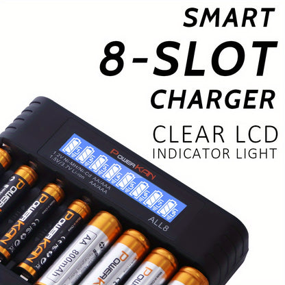 Set (battery + charger), PowerKAN 1.2V NiMH rechargeable AA & AAA Battery + ALL8 charger, high quality battery rechargeable discharge cycle, 800mAh AAx8 & 300mAh AAAx8 combination, with 5V 2A USB fast charging LCD charger
