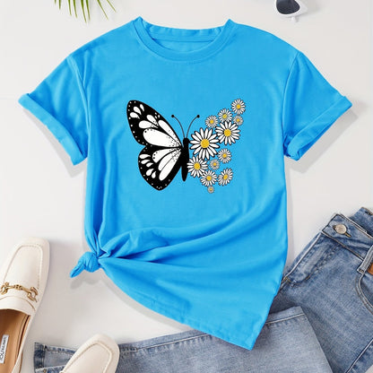 Women's Casual Butterfly & Daisy Floral Print Round Neck T-Shirt - Olive Green, Machine Washable, Regular Fit for Casual Attire, Allseason Fashion, Relaxed Style, Nontransparent Fabric
