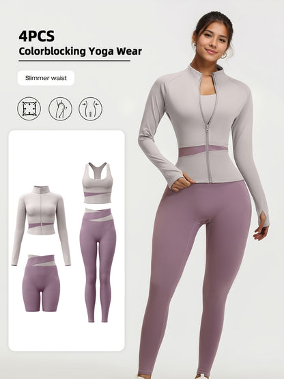 4pcs Women'S Yoga Wear Workout Set with Zipper Jacket Fitness Yoga Leggings Sports Bra Euro Size for Running Fitness And Yoga