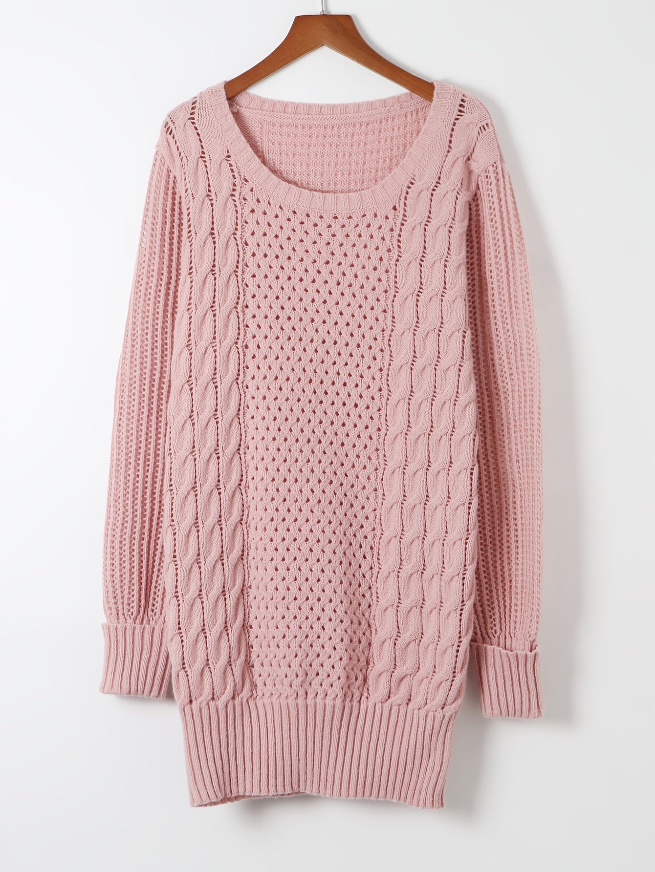 Vestido de malha rosa elegante para mulher - Casual, manga comprida, gola redonda, comprimento midi justo com padrão de tranças, perfeito para outono/inverno, 100% poliéster.