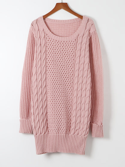 Vestido de malha rosa elegante para mulher - Casual, manga comprida, gola redonda, comprimento midi justo com padrão de tranças, perfeito para outono/inverno, 100% poliéster.