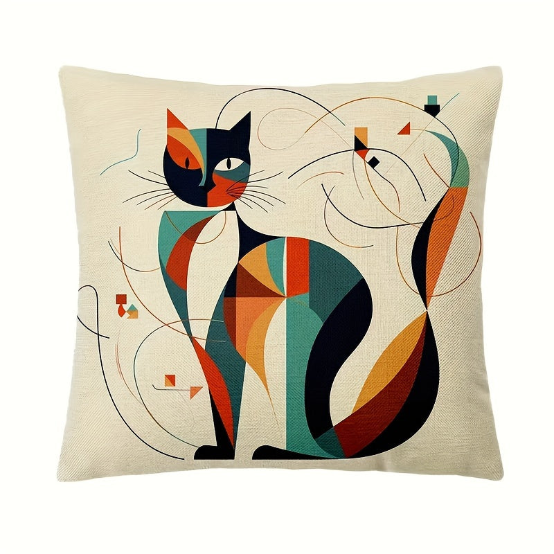 Conjunto de 4 capas de almofada decorativas em linho tecido, com estampa abstrata de gato de Kandinsky, estilo industrial, com fecho, ideais para sofá, quarto, carro e escritório - Laváveis ​​à máquina