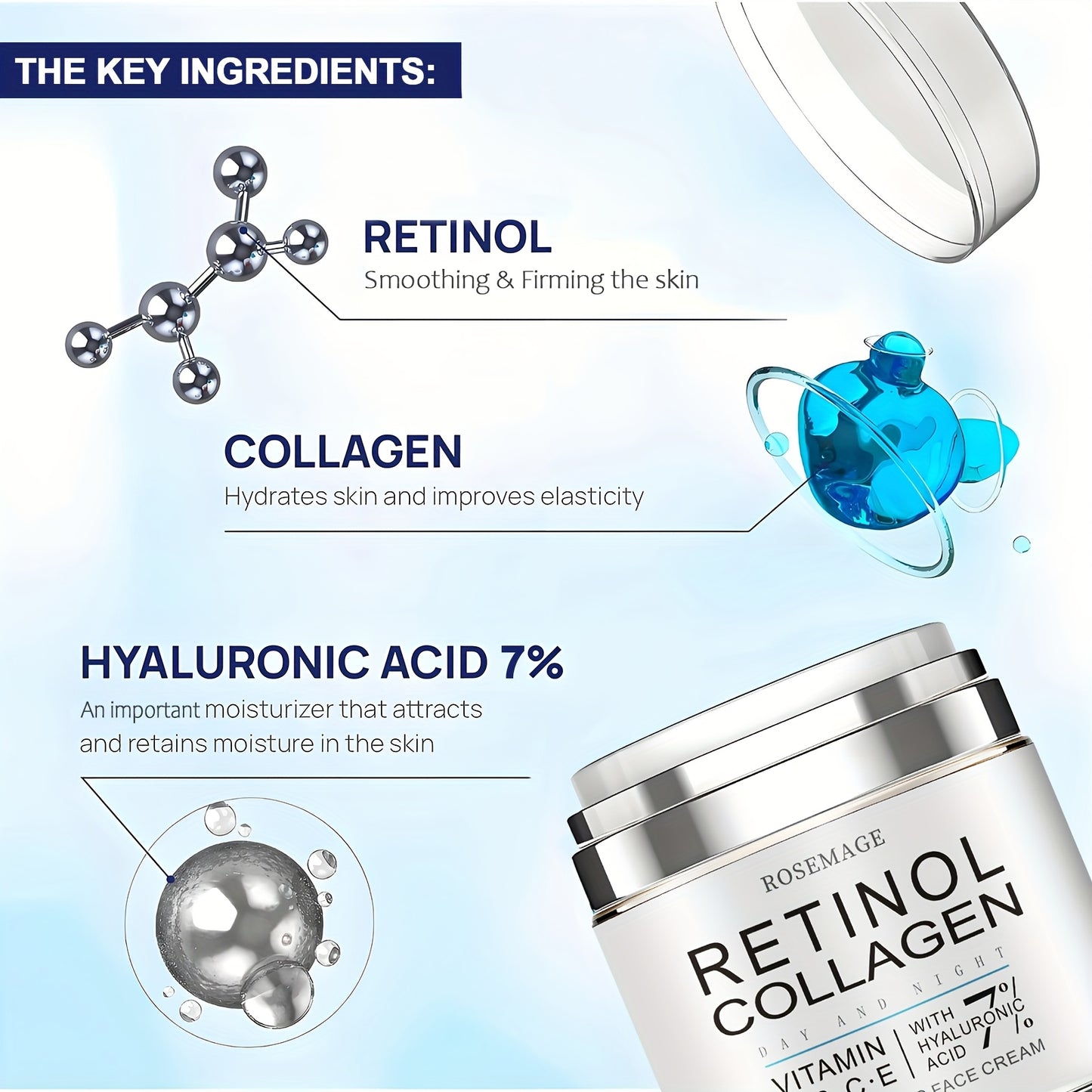 Creme de Retinol e Colagénio, Creme Facial Hidratante Intensivo e Refirmante para Peles Sensíveis, Bege Claro, Uso Diurno e Noturno, Enriquecido com Vitaminas A, B, C e E, Ácido Hialurónico para Iluminar a Tez, Acabamento Suave e Radiante, 50ml/1.