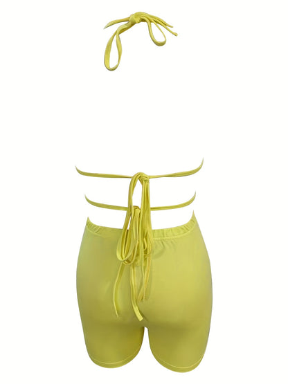 Sexy Solid Two-piece Set, Halter Neck Crop Top & Elastic Waist Shorts Outfits, Women's Clothing