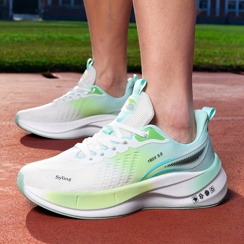 Men's mid-calf running shoes, breathable lightweight carbon plate, striped pattern, suitable for all seasons, lace-up closure, fabric upper and lining, rubber sole, MD outsole, cloth insoles, ideal for casual running, hiking,