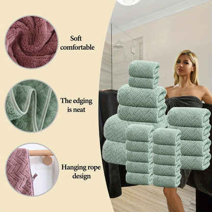 20pcs Bathroom Towel Set, Including 12 Wash Towels + 6 Towels + 2 Large Towels, Made of Microfiber, Multi-Color Available, Soft And Comfortable, with Lanyard Design, Suitable for Bathroom And Hotel, For Body, Face Towel, Bath