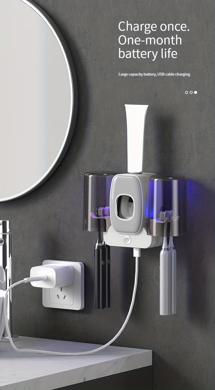 1pc Automatic Toothpaste Dispenser & Brush Holder, Toothbrush Holders With Automatic Toothpaste Squeezer Device For Bathrooms, Toothbrush Organizer With Cup, Wall Mounted Shower Room Decor Set
