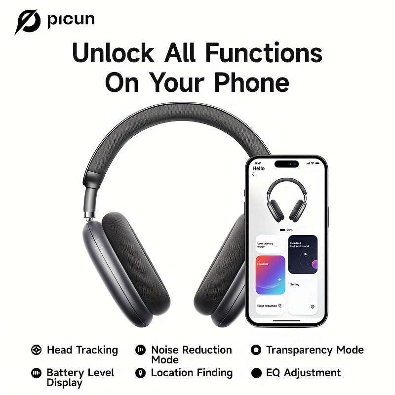 PICUN Wireless Headphones with Dynamic Head Tracking, -52dB ANC Noise Cancellation, 140Hrs Battery Life, Wireless 5.4, Wired/Wireless Switch, Double Connection & Multi-Mode Audio, Closed-back Design, Plastic Material, Compati