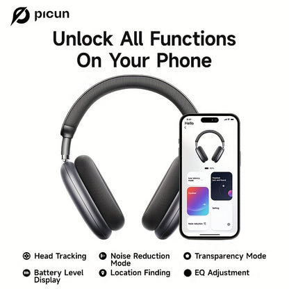 PICUN Wireless Headphones with Dynamic Head Tracking, -52dB ANC Noise Cancellation, 140Hrs Battery Life, Wireless 5.4, Wired/Wireless Switch, Double Connection & Multi-Mode Audio, Closed-back Design, Plastic Material, Compati