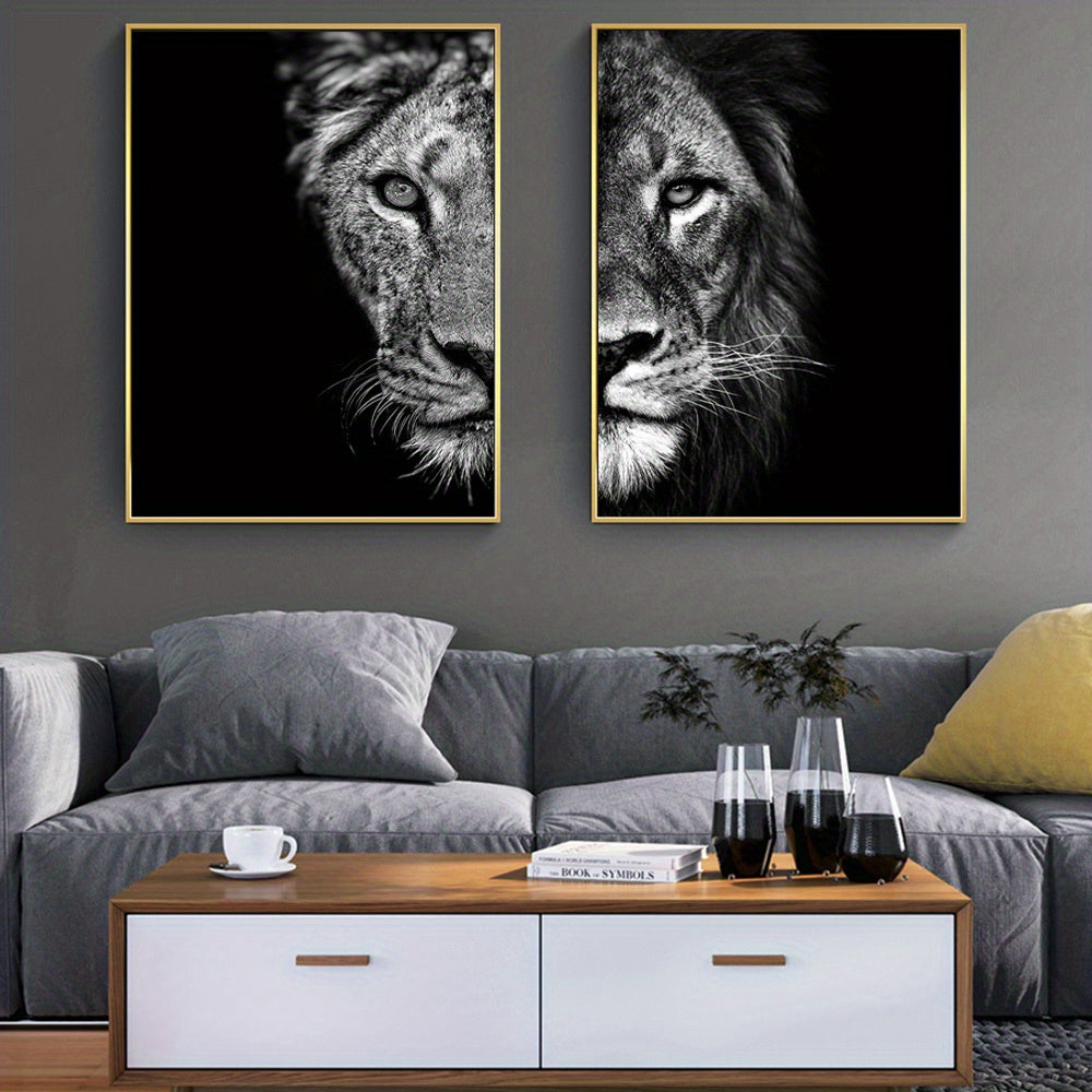 2pcs African Lion Wall Poster - Frameless Canvas Painting for Home Decor - 15.7x23.6in/40cmx60cm - Black and White Design