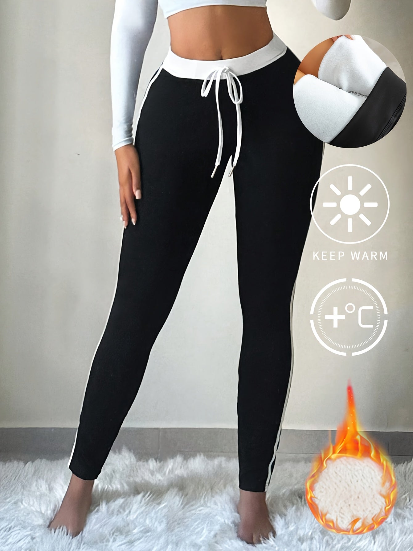 Women'S High-Waisted Thermal Leggings - Extreme Cold Weather Pants with Drawstring Waist, Non-Slip Grip, Stretchy Fleece-Lined Winter Pants for Gym, Running, Everyday - Black/White Color Block Design - Easy-Care Athletic Legg