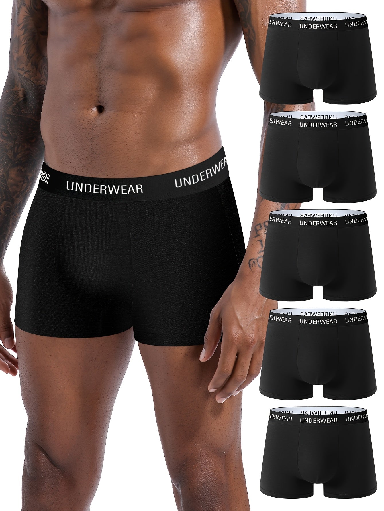 5-Pack Men'S Black High-Waisted Boxer Briefs - Premium Comfort, Breathable & Light Beige-Friendly Underwear for Youth, Casual Attire, Stylish Undergarments, Modern Undergarments, Soft Material, Comfortable Fit, Multipack Unde