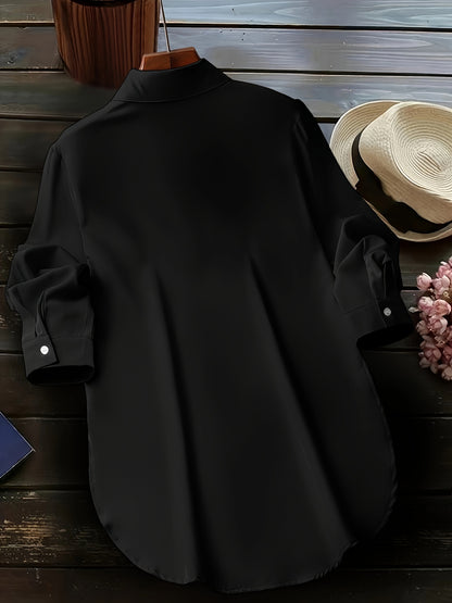 Plus Size Curved Hem Blouse, Casual Button Front Collared Blouse For Spring, Women's Plus Size Clothing