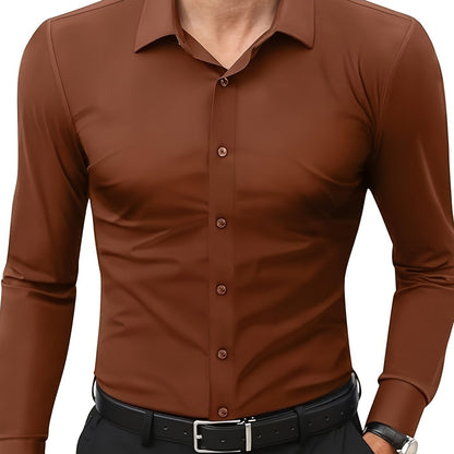 Men'S Slim Fit Long Sleeve Shirt - 55% Cotton, 40% Polyester, 5% Spandex, Solid Color, All-Season, Woven Fabric, Button-Up, Lapel Collar, Casual Weekend Wear, 125g/m²
