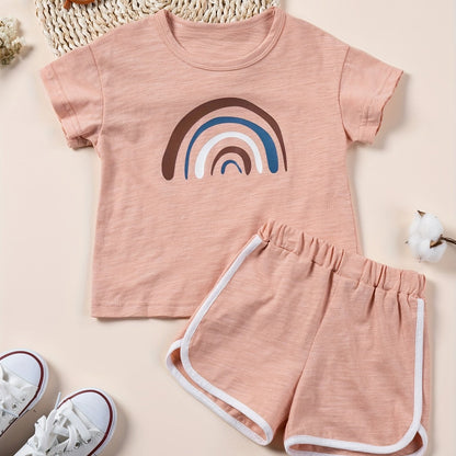 Toddler Kids Clothes Sets For Summer Rainbow Printed T-shirt And Short Pants 2pcs Girls Outdoor Clothing Suits Casual Style Children Cotton Tracksuits